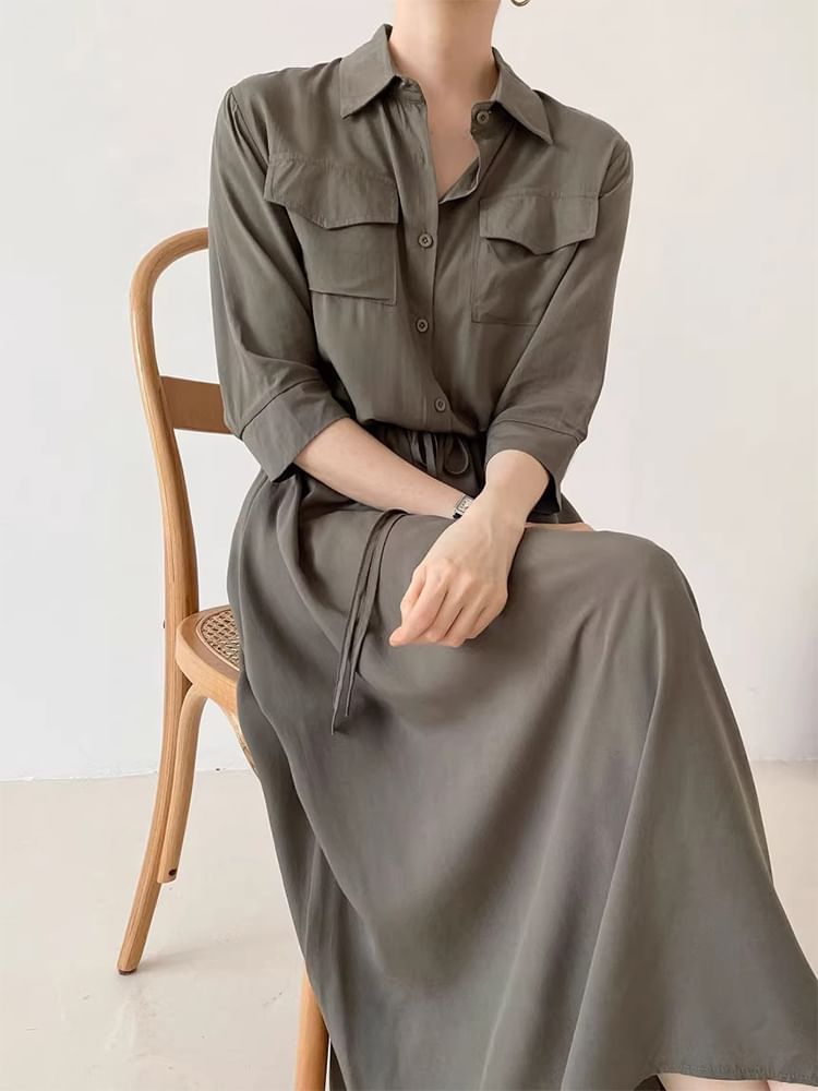 Long-Sleeve Collared Drawstring Waist A-Line Shirt Dress