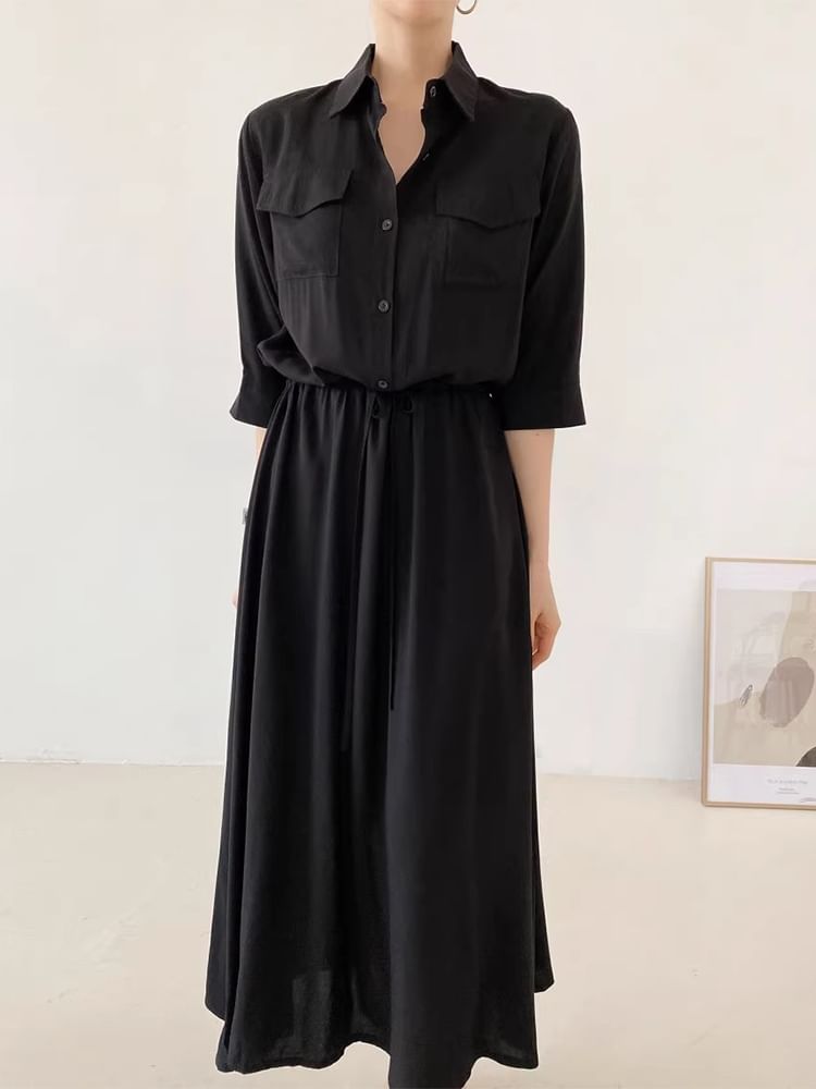 Long-Sleeve Collared Drawstring Waist A-Line Shirt Dress