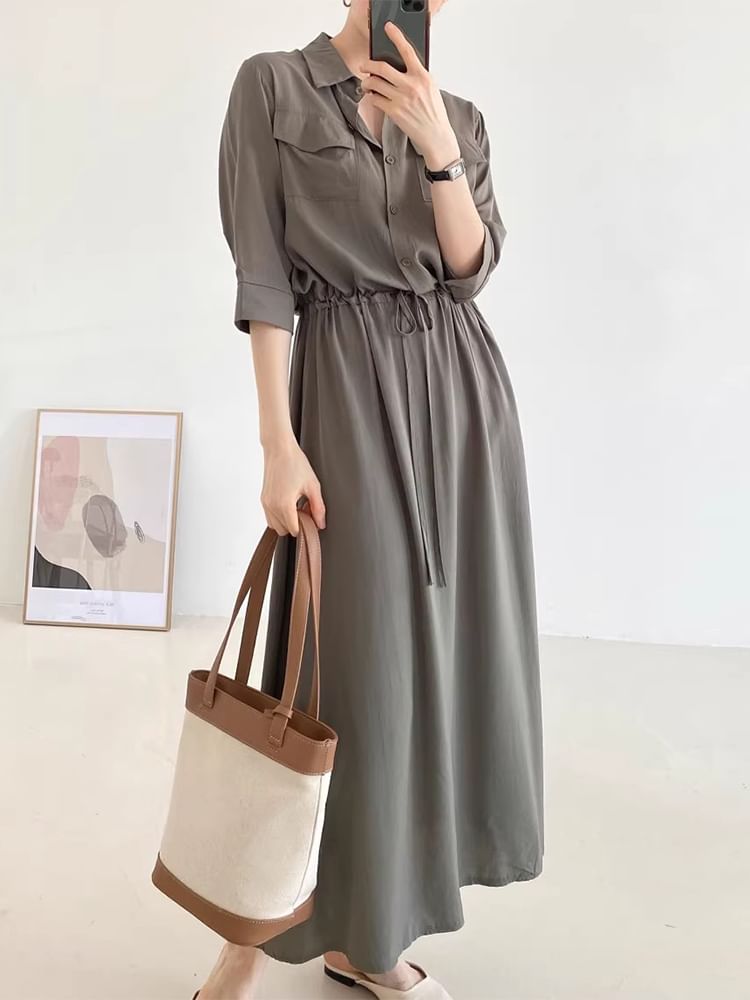 Long-Sleeve Collared Plain Drawstring Waist Maxi A-Line Shirt Dress