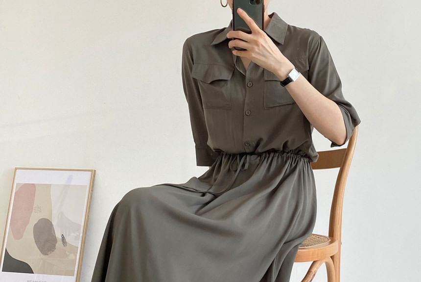 Long-Sleeve Collared Drawstring Waist A-Line Shirt Dress