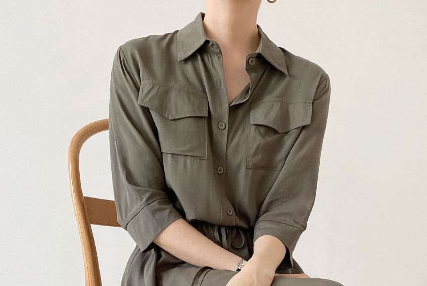 Long-Sleeve Collared Drawstring Waist A-Line Shirt Dress