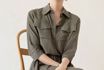 Long-Sleeve Collared Drawstring Waist A-Line Shirt Dress