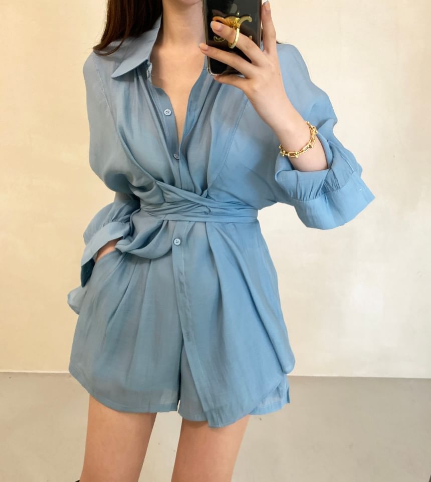 Set: Long-Sleeve Collared Plain Tie-Waist Shirt + High Waist Shorts