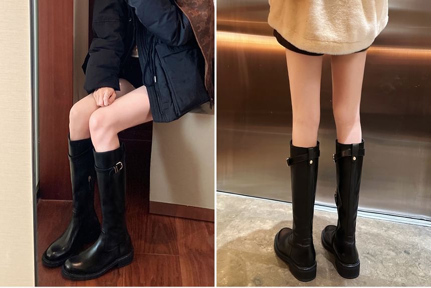 Leather Boots Tall Faux Buckled