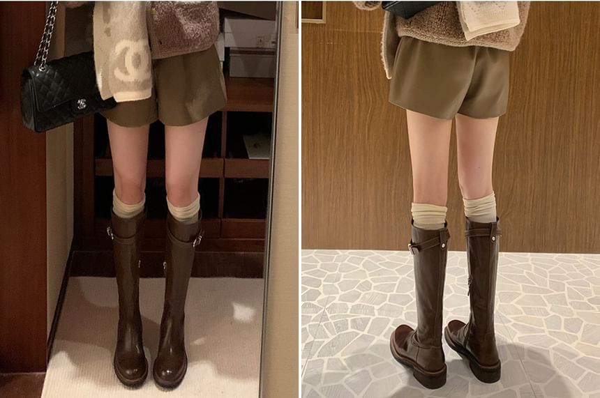 Leather Boots Tall Faux Buckled