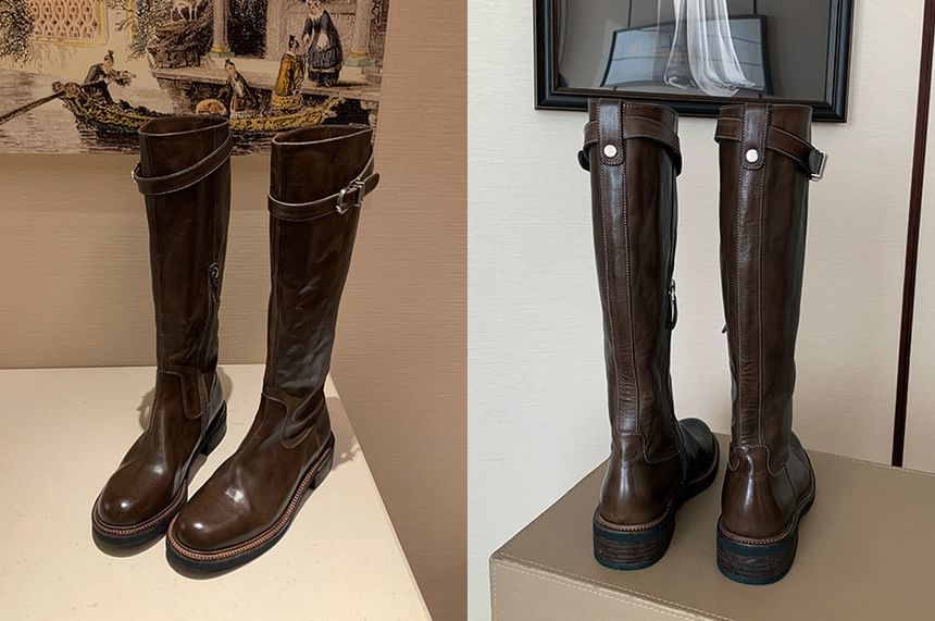 Leather Boots Tall Faux Buckled