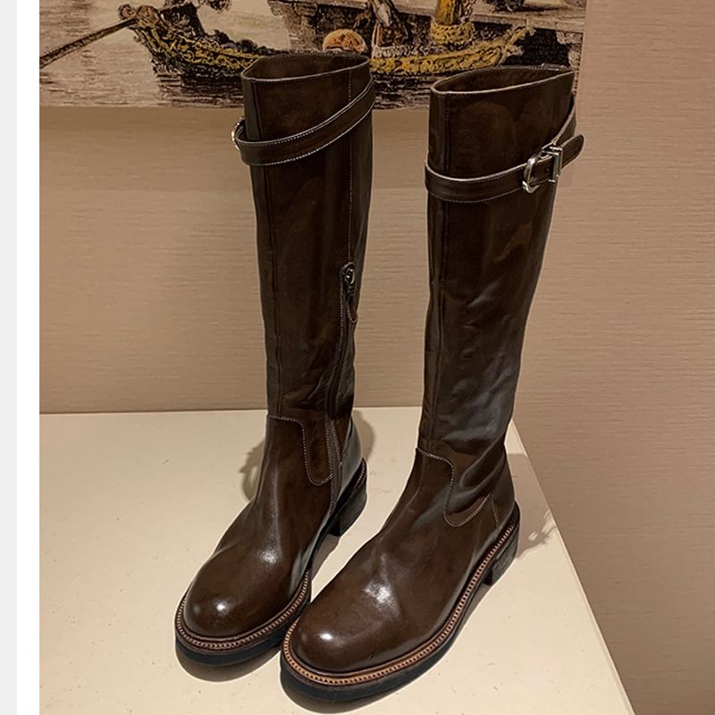 Leather Boots Tall Faux Buckled