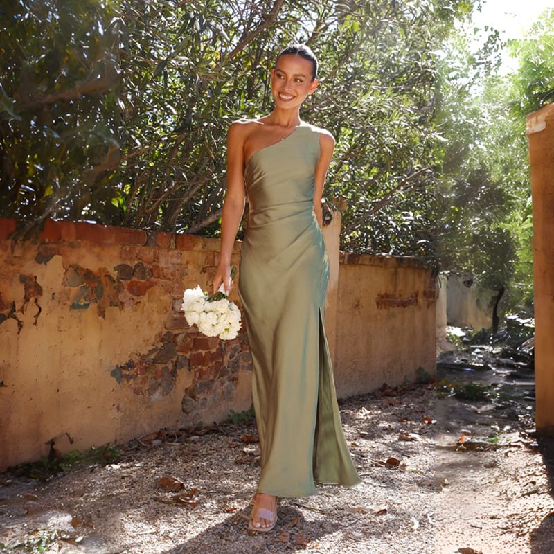 One-Shoulder Side-Slit Sheath Maxi Gown