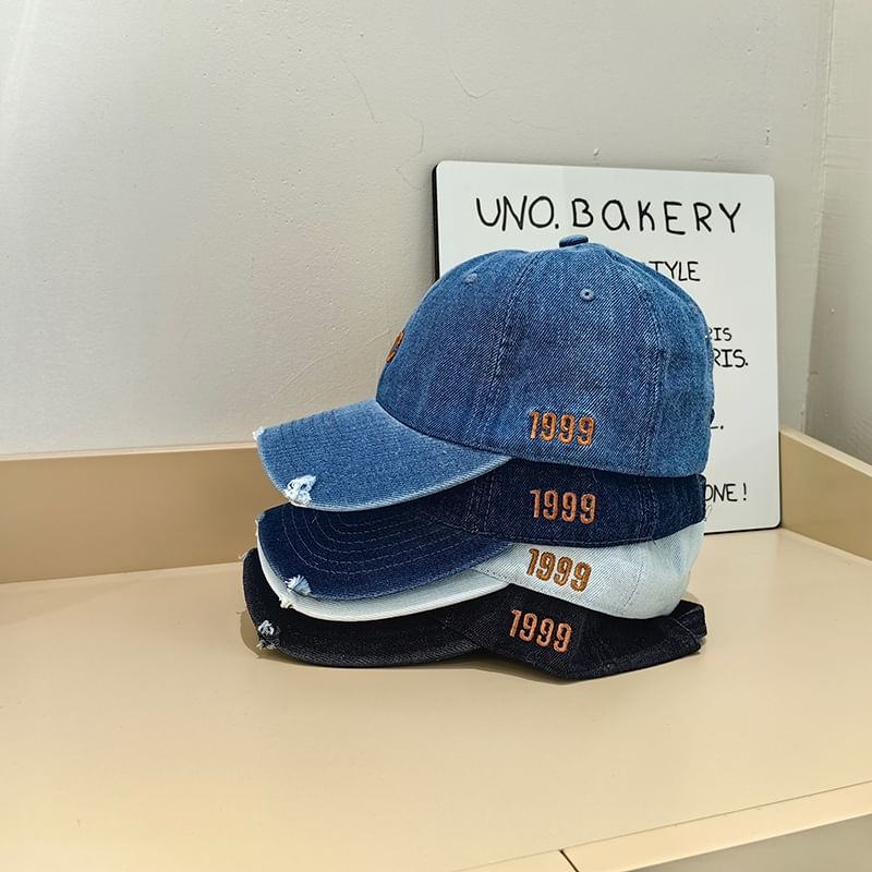 Cap Baseball Lettering Denim Embroidered Distressed