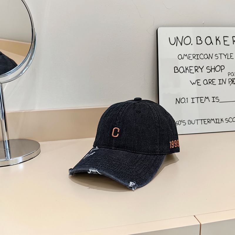 Lettering Embroidered Distressed Denim Baseball Cap