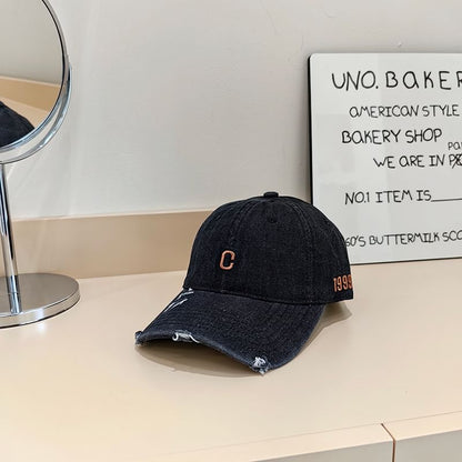 Lettering Embroidered Distressed Denim Baseball Cap