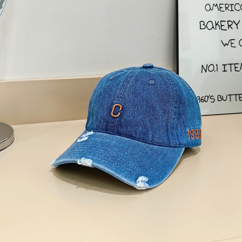 Cap Baseball Lettering Denim Embroidered Distressed