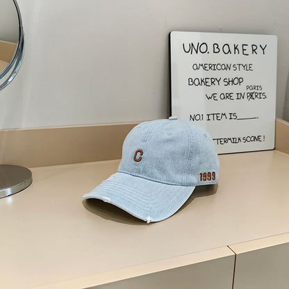 Lettering Embroidered Distressed Denim Baseball Cap