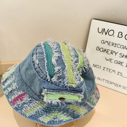 Striped Distressed Denim Bucket Hat