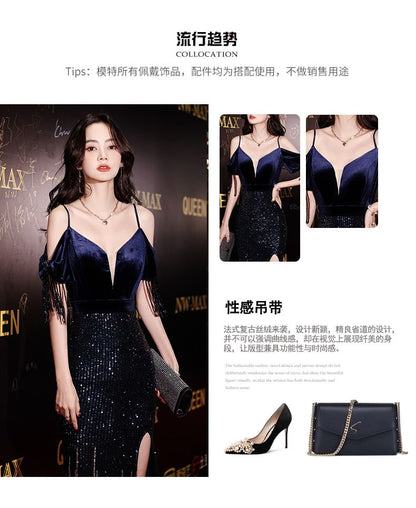 Cold-Shoulder Sequin Side-Slit Trumpet Evening Gown