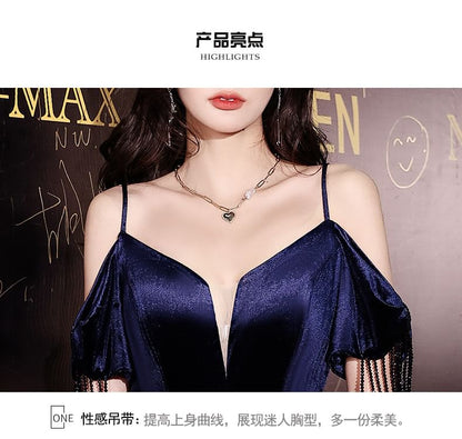 Cold-Shoulder Sequin Side-Slit Trumpet Evening Gown