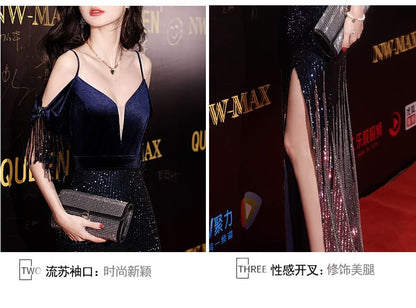 Cold-Shoulder Sequin Side-Slit Trumpet Evening Gown