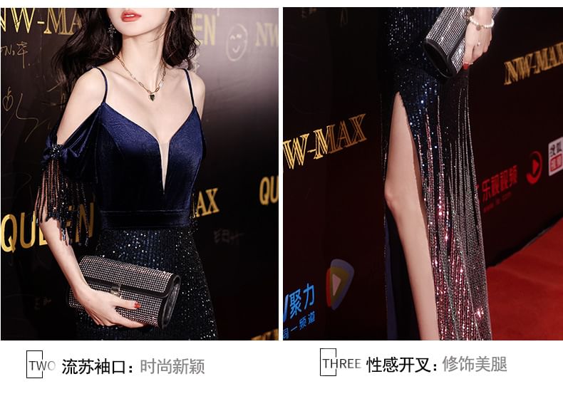 Cold-Shoulder Sequin Side-Slit Trumpet Evening Gown