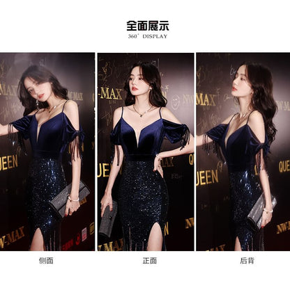 Cold-Shoulder Sequin Side-Slit Trumpet Evening Gown
