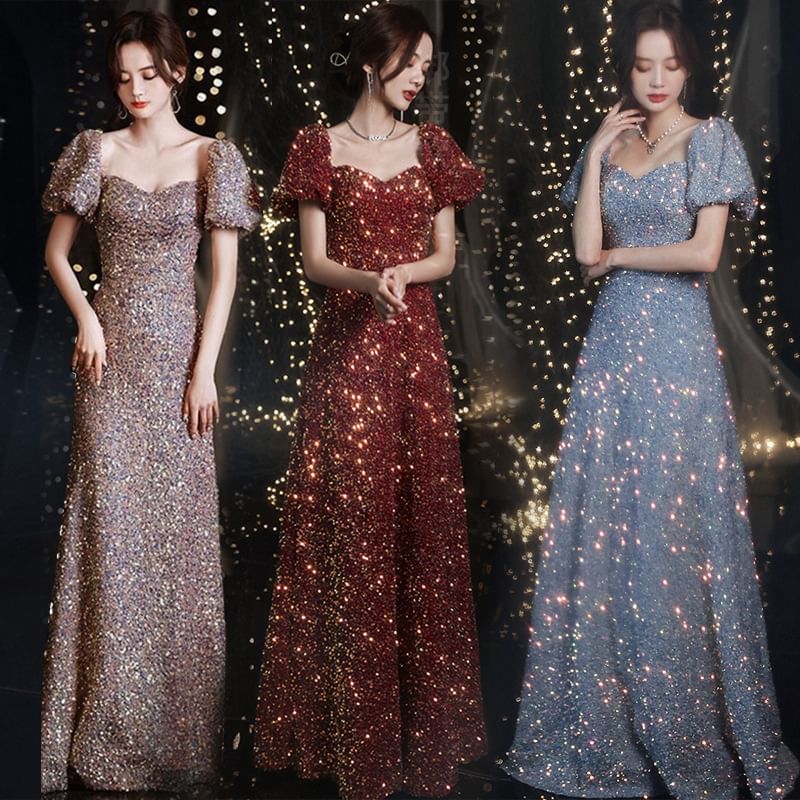 Sequin A-Line Gown Puff-Sleeve Evening