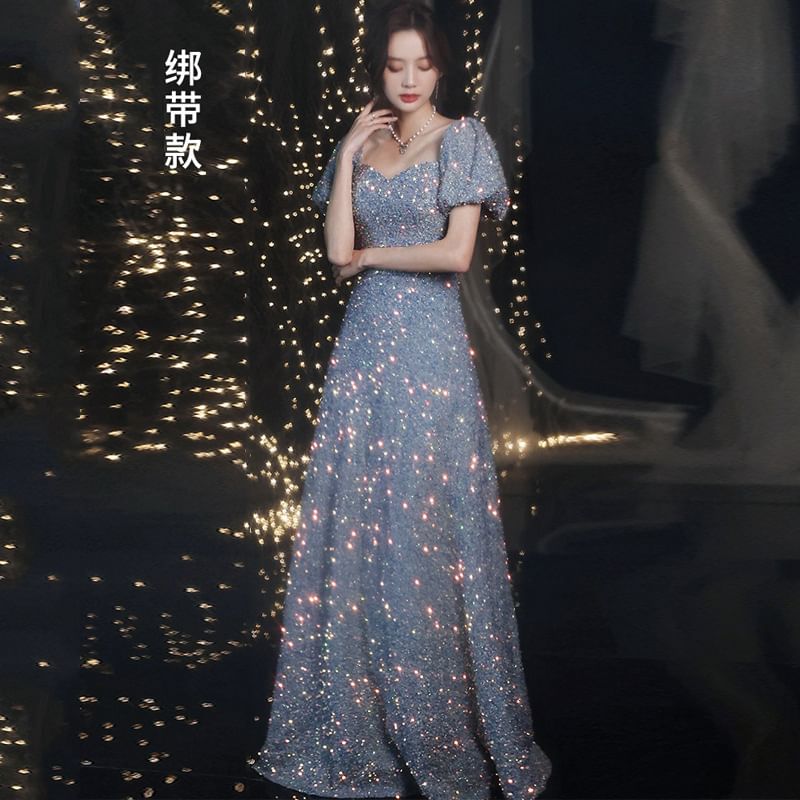 Sequin A-Line Gown Puff-Sleeve Evening