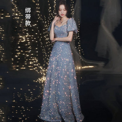 Sequin A-Line Gown Puff-Sleeve Evening