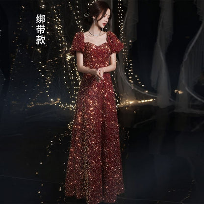 Sequin A-Line Gown Puff-Sleeve Evening