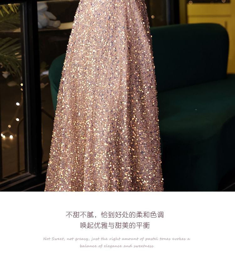 Sequin A-Line Gown Puff-Sleeve Evening
