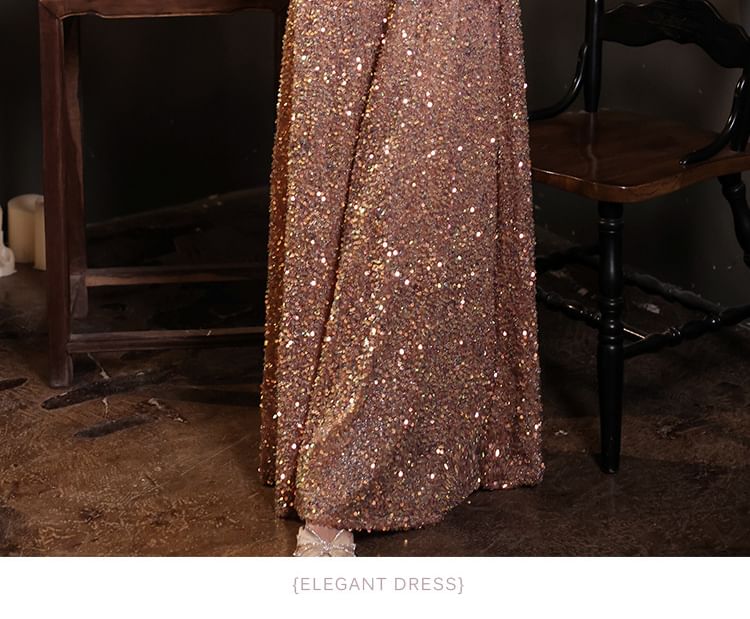 Sequin A-Line Gown Puff-Sleeve Evening
