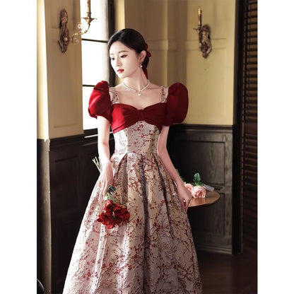 Puff-Sleeve Floral A-Line Evening Gown