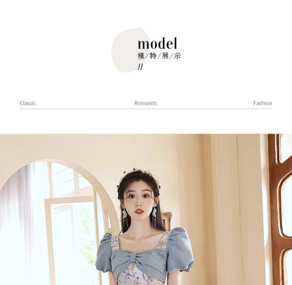 Puff-Sleeve Floral A-Line Evening Gown