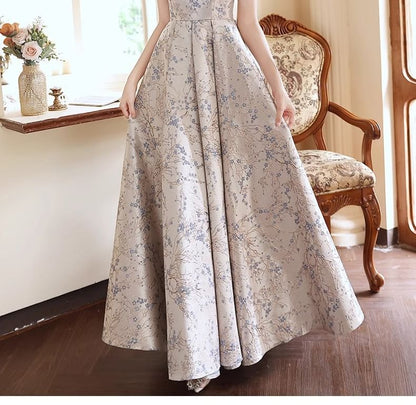 Puff-Sleeve Floral A-Line Evening Gown