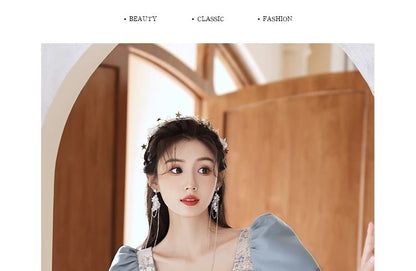 Puff-Sleeve Floral A-Line Evening Gown