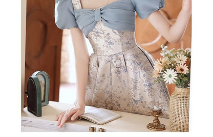 Puff-Sleeve Floral A-Line Evening Gown