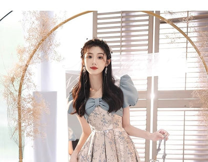 Puff-Sleeve Floral A-Line Evening Gown