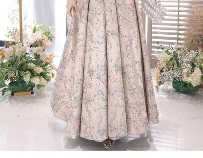 Puff-Sleeve Floral A-Line Evening Gown