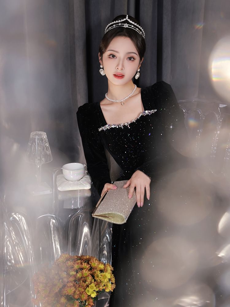 Long-Sleeve Square Neck Sequin A-Line Evening Gown