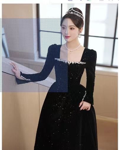 Long-Sleeve Square Neck Sequin A-Line Evening Gown