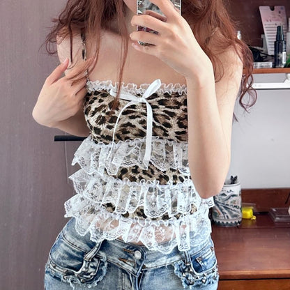 Leopard Print Bow Accent Lace Trim Crop Camisole Top