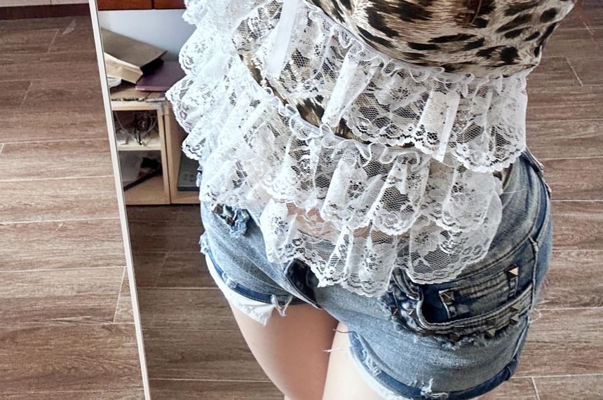 Leopard Print Bow Accent Lace Trim Crop Camisole Top