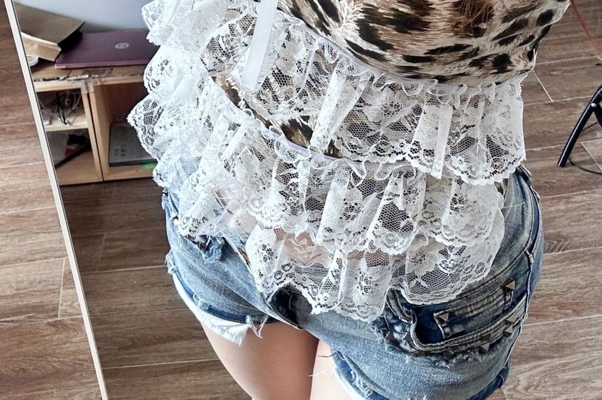 Leopard Print Bow Accent Lace Trim Crop Camisole Top