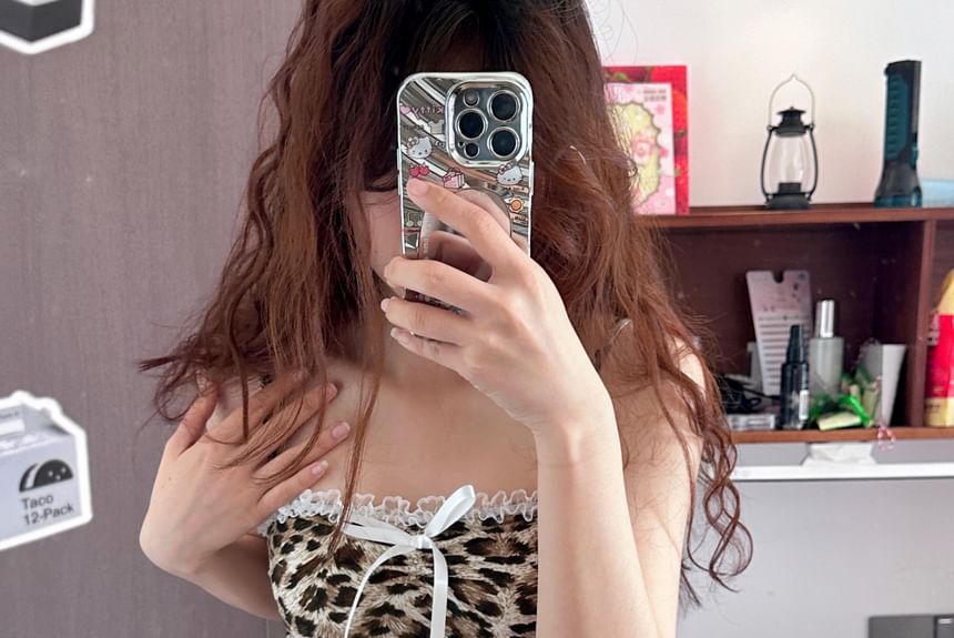 Leopard Print Bow Accent Lace Trim Crop Camisole Top