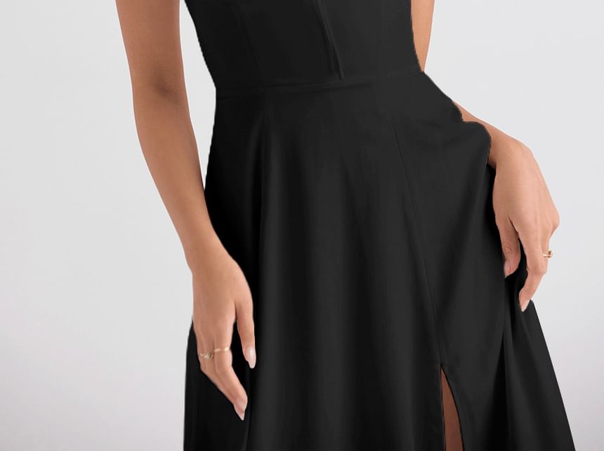 Thin Strap Side-Slit Midi Sundress in Solid Color