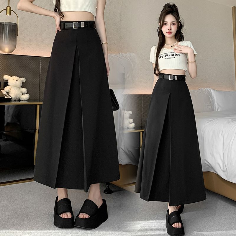 High Waist Plain Pleated Maxi A-Line Skirt