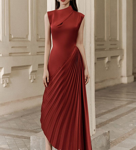 Sleeveless Plain Asymmetrical Pleated Sheath Evening Dress