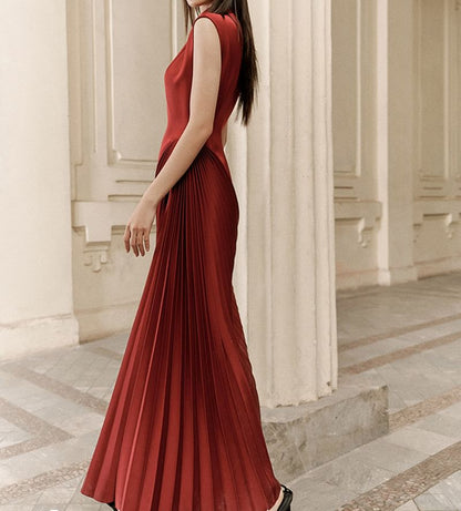 Sleeveless Plain Asymmetrical Pleated Sheath Evening Dress