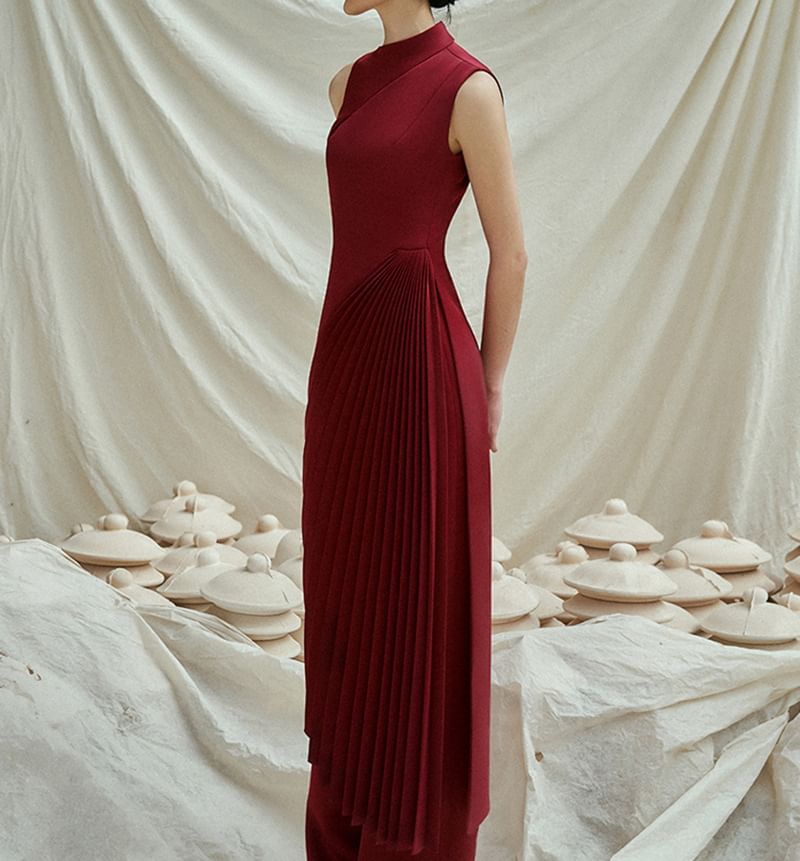 Sleeveless Plain Asymmetrical Pleated Sheath Evening Dress