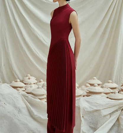 Sleeveless Plain Asymmetrical Pleated Sheath Evening Dress