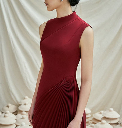 Sleeveless Plain Asymmetrical Pleated Sheath Evening Dress