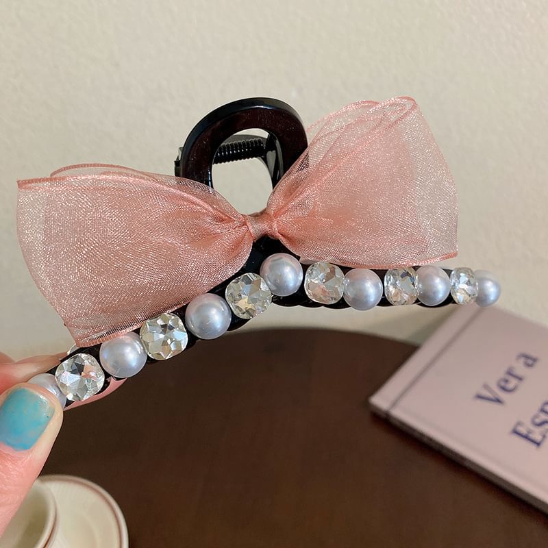 Faux Pearl Rhinestone Bow Hair Claw